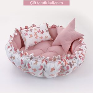 Pudra kelebekli 2 yastıklı yuvarlak babynest oyun minderi